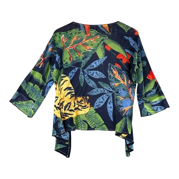 NIC+ZOE Cardigan Sweater Womens M Jungle Print 4-Way Linen Blend Open Waterfall - Picture 2 of 10